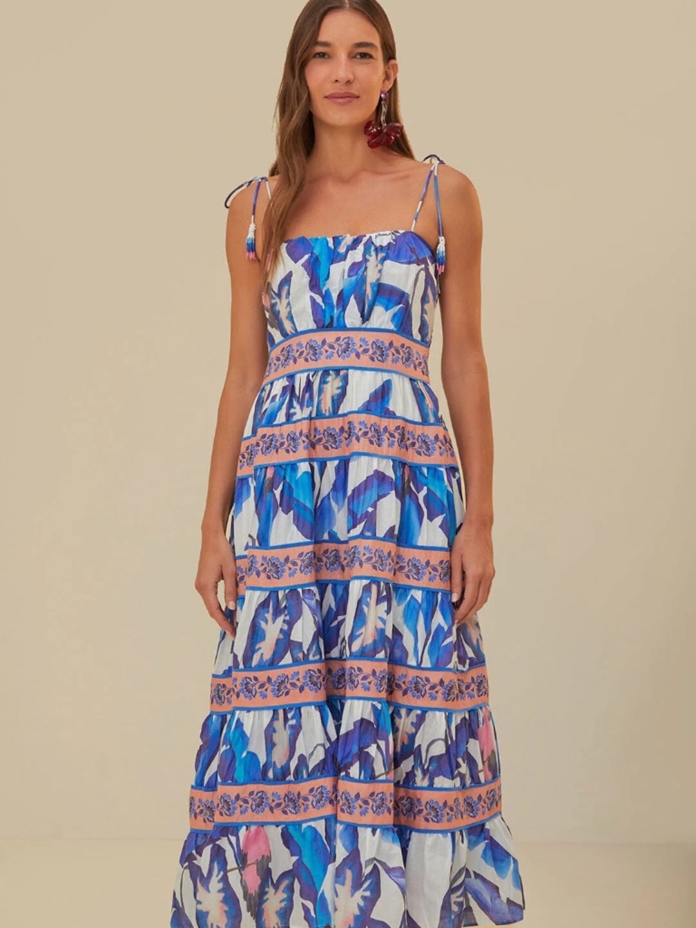NWT Farm Rio Foliage Printed Cotton Midi Dress Size M Blue Pink Resort Maxi
